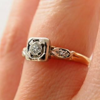 Antique Art Deco 585/14k Gold Diamond 0.  12ct Handmade Collectible Stackable Ring