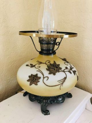 Vintage Hurricane Lamp Raised Brass Flowers 3 Way Gold Parlor Table 20 " Gwtw