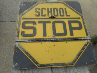 Vintage Rare Folding Yellow School Stop & Crossing Road Highway Advertising Sign