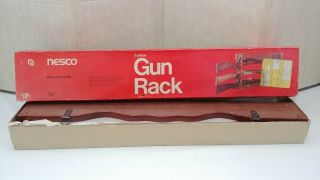 Vintage Nesco Wood 3 Place Gun Rack Rifle Shotgun Wall Mount W/ Locking Bar Nib