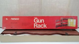 Vintage Nesco Wood 3 Place Gun Rack Rifle Shotgun Wall Mount w/ locking bar NIB 2