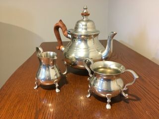 Vintage Kirk Stieff Colonial Williamsburg Restoration Pewter 3 - Pc Coffe/tea Set