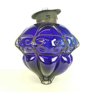 Vintage Caged Glass Lamp Shade ONLY Blue Spanish Revival Italian Style Swag LRG 3
