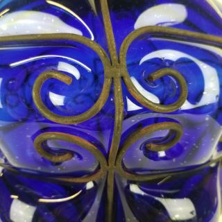 Vintage Caged Glass Lamp Shade ONLY Blue Spanish Revival Italian Style Swag LRG 5
