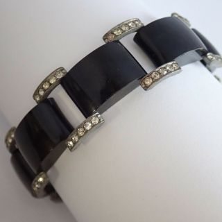 Vintage Machine Age Art Deco Black Galalith Crystal Rhinestone Bracelet