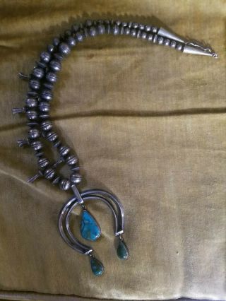 Vtg Navajo Squash Blossom Necklace: Sterling Silver & Turquoise Native Old Pawn
