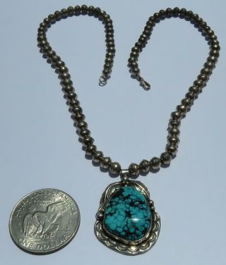 Vintage Turquoise & Sterling Necklace - By Navajo Tom Willeto - 22 " Bead Chain
