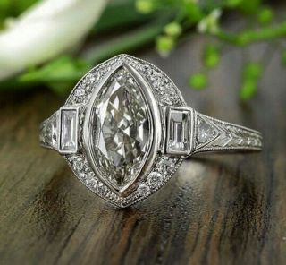 Vintage Art Deco 4ct Marquise Diamond 14k White Gold Over Unique Engagement Ring