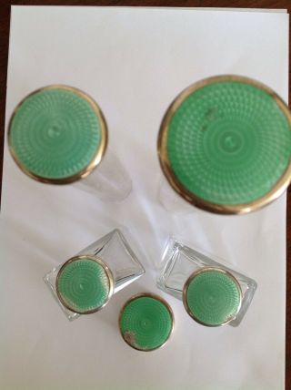 Good Quality Sterling Silver & Green Guilloche Enamel Topped Glass Jars