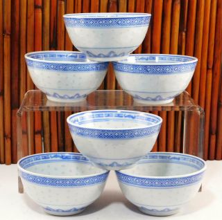 Vintage Chinese Blue & White Rice Pattern Small Rice Bowls Jingdezhen Ware Set 6