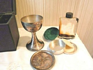Vintage Chaplains Priest Silver Communion Set W Wafer Tin Tray Wine Bottle Box