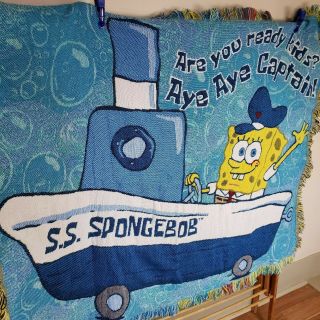 Vintage Ss Spongebob Squarepants Woven Fringed Throw Blanket Captain Boat Ship