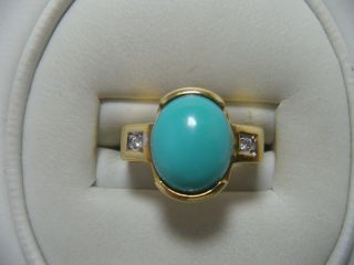 Vintage 750 18k Yellow Gold Diamond Turquoise Ring Sz 7