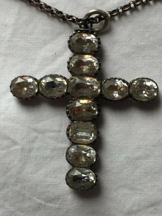 Rare Georgian Foiled Back Crystal Cross Silver Pendant Silver Necklace