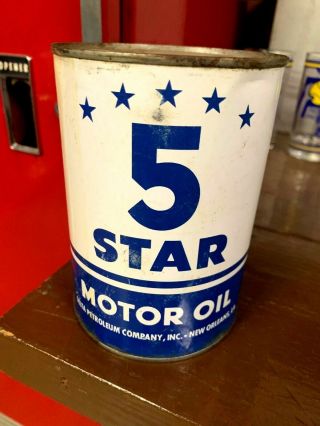 Rare Old Vintage Five 5 Star Metal One Quart Qt Motor Oil Can Gas