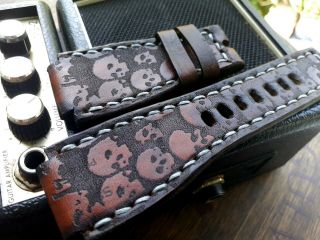 24mm Vintage Handmade Leather Watch Strap,  Army,  Bell & Ross,  Brown,  Skulls