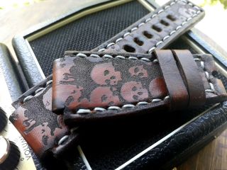 24mm vintage Handmade leather watch strap,  army,  Bell & Ross,  brown,  skulls 2