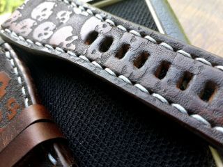 24mm vintage Handmade leather watch strap,  army,  Bell & Ross,  brown,  skulls 6