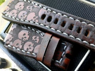 24mm vintage Handmade leather watch strap,  army,  Bell & Ross,  brown,  skulls 7