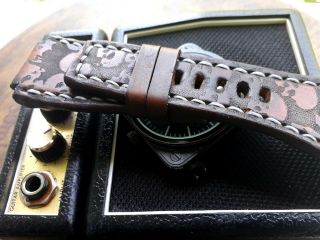 24mm vintage Handmade leather watch strap,  army,  Bell & Ross,  brown,  skulls 8