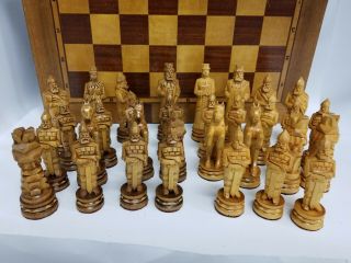 Vintage Wooden Hand Carved Russian Complete Chess Set With Board/storage Case