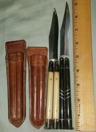 2 Rare Vintage Balisong Butterfly Knife Horn Handles Brass Leather Sheath Cases