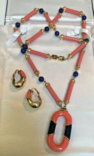 Givenchy Paris Vintage 1976 Necklace Clip Earrings Set Coral Navy Gold Tone