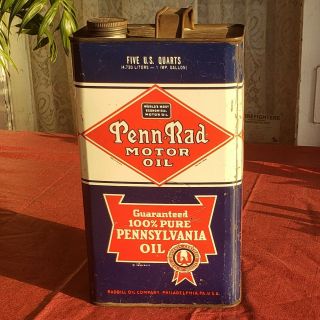 Vintage 1935 Penn - Rad Motor Oil Gas Service Station 5 Quart Can Radbill Oil Co
