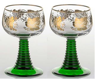 2pc Glass Rhein Roemer Goblet W/gold - Leaf Rim & Grape Pattern Vintage Wine Glass