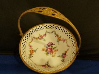Vintage Schumann Floral Reticulated 6 " D Bowl Basket With Brass Handle