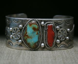 Vintage Native American Navajo Turquoise Sterling Cuff Bracelet Large Size