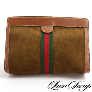 Vintage Gucci Made In Italy Parfums Mocha Suede Leather Race Stripe Clutch Bag