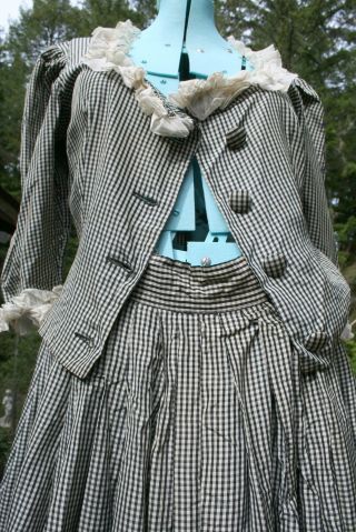 Antique Civil War Era Satin Black & White Plaid 2 Pc Dress Bodice Skirt