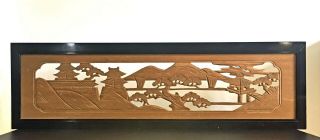 Asian Wood Carved Panel Screen 14” X 49” Landscape Scene Japanese Vintage Art