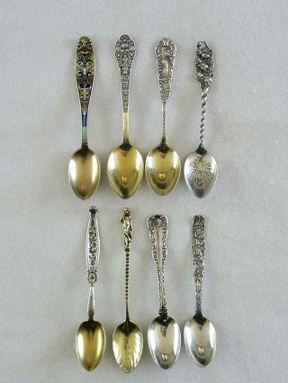 Eight Antique Sterling Silver Demi Tasse & Souvenir Spoons Gorham Nude Whiting