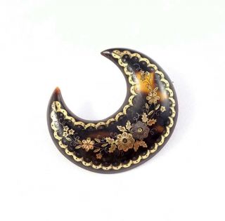 Antique Victorian Horn Pique Crescent Moon Brooch - Silver/gold Floral Inlay