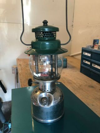 Vintage Coleman Model 242b Gas Lantern Green,  Chrome Base And Pyrex Globe
