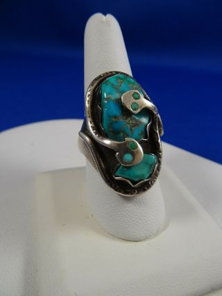 Vintage Zuni Effie Calavaza Sterling Silver Turquoise Double Snake Ring Size 11