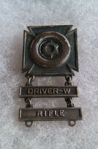 Vintage Ww2 Wwii Us Military Sterling Silver Mechanic & Driver - W Badge Pin Back