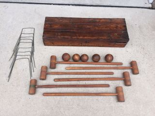 Antique Wood Croquet Set & Box Vintage Set Of 6 Mallets,  Balls,  Wickets