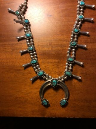 Vintage Antique Navajo Sterling Silver Turquoise Squash Blossom Necklace