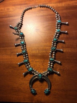 Vintage Antique Navajo Sterling Silver Turquoise Squash Blossom Necklace 2