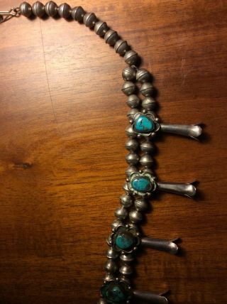 Vintage Antique Navajo Sterling Silver Turquoise Squash Blossom Necklace 4