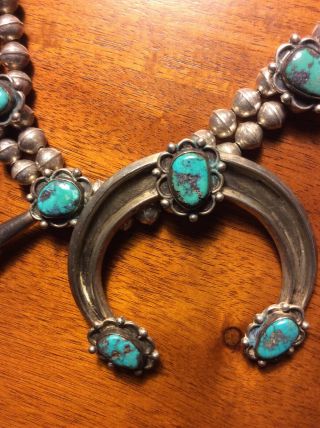 Vintage Antique Navajo Sterling Silver Turquoise Squash Blossom Necklace 6