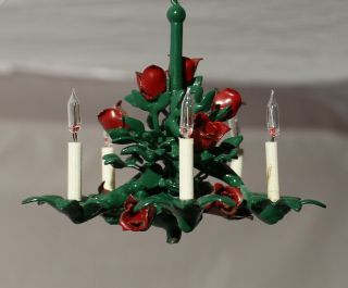 Vtg French Tole 5 Arm Chandelier Red Rose Electric Flame Candle Artisan Xmas