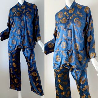 60s Vintage Chinese Brocade Cheongsam Golden Dragon Pajama Pant Set Large