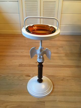 Vintage Metal Cigar Ashtray Stand With Eagle & Amber Glass