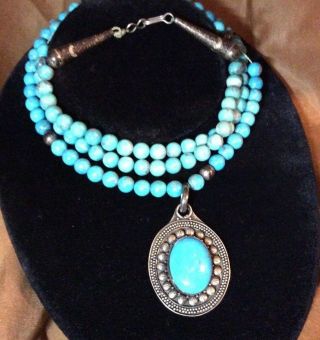 Vintage Southwestern Sterling Silver Turquoise Bead Pendant Necklace
