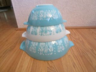 Set Of 3 Vintage Pyrex Amish Butterprint Turquoise Cinderella Nesting Bowls