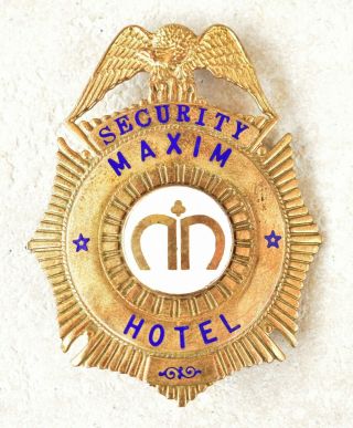Vintage Las Vegas Maxim Hotel Security Badge Gold Plate Over Brass And Enamel